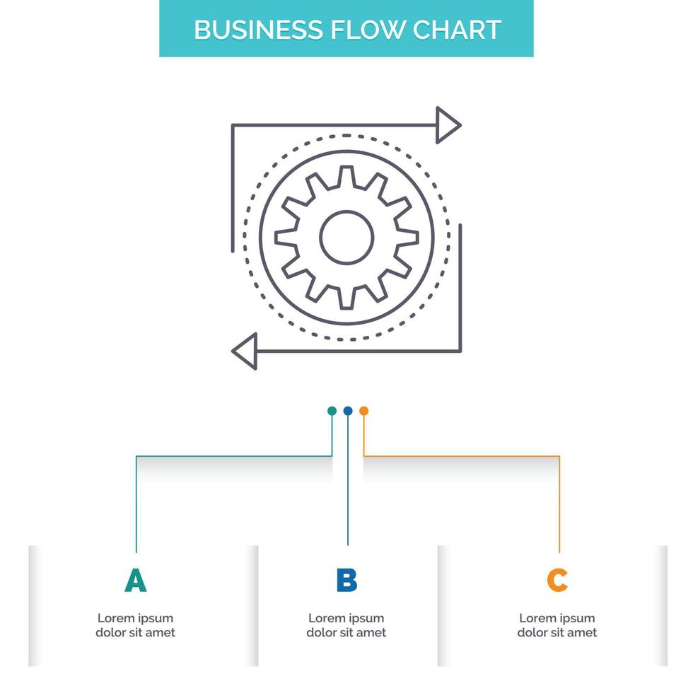 negocio. engranaje. administración. operación. diseño de diagrama de flujo de negocio de proceso con 3 pasos. icono de línea para el lugar de plantilla de fondo de presentación para texto vector