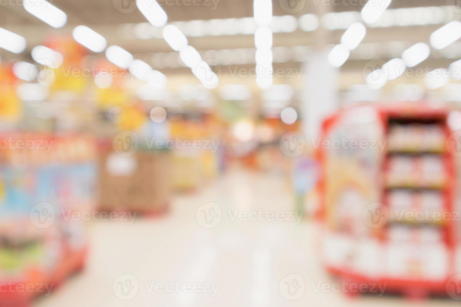 Abstract blur supermarket discount store product shelves interior defocused background photo
