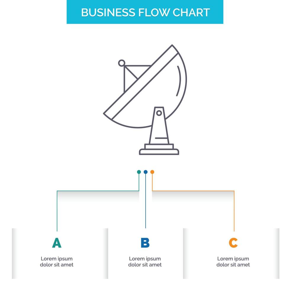 satellite, antenna, radar, space, dish Business Flow Chart Design with 3 Steps. Line Icon For Presentation Background Template Place for text vector