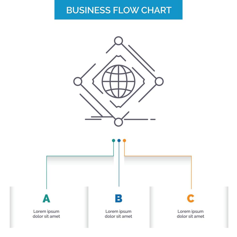 diseño de diagrama de flujo de negocios complejo, global, internet, red, web con 3 pasos. icono de línea para el lugar de plantilla de fondo de presentación para texto vector