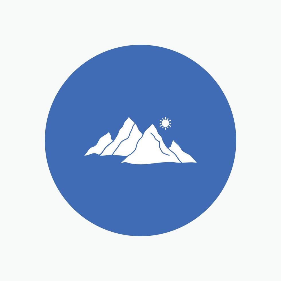 mountain. landscape. hill. nature. sun White Glyph Icon in Circle. Vector Button illustration