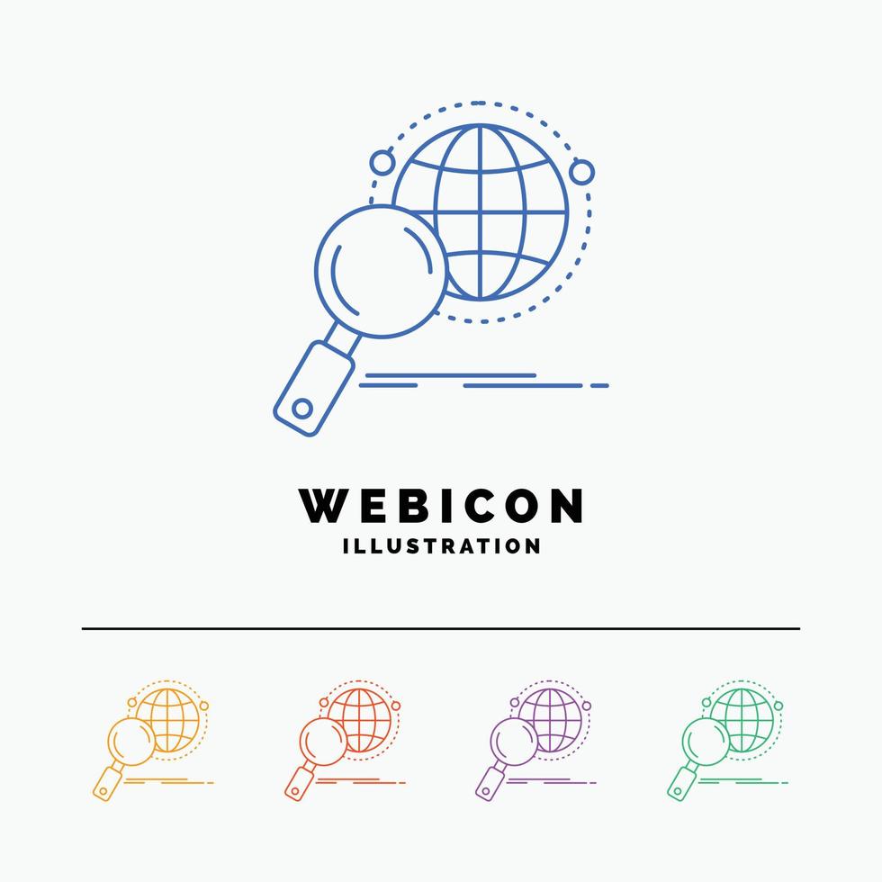 global. globe. magnifier. research. world 5 Color Line Web Icon Template isolated on white. Vector illustration