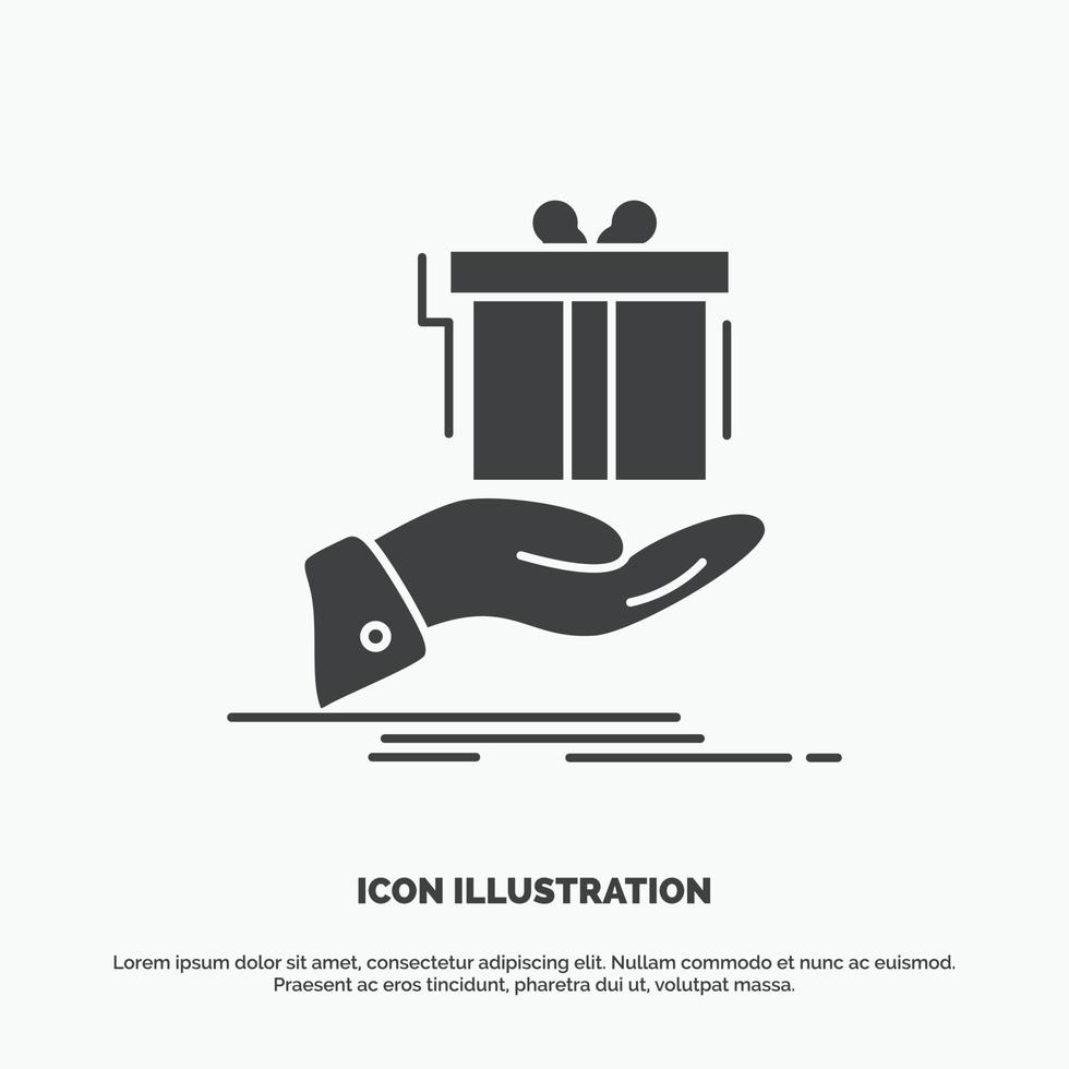 regalo. sorpresa. solución. ocurrencia. icono de cumpleaños. símbolo gris vectorial de glifo para ui y ux. sitio web o aplicación móvil vector