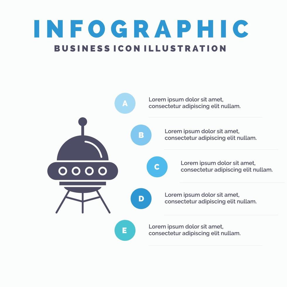 astronave. espacio. Embarcacion. cohete. plantilla de infografía alienígena para sitio web y presentación. icono de glifo gris con ilustración de vector de estilo infográfico azul.