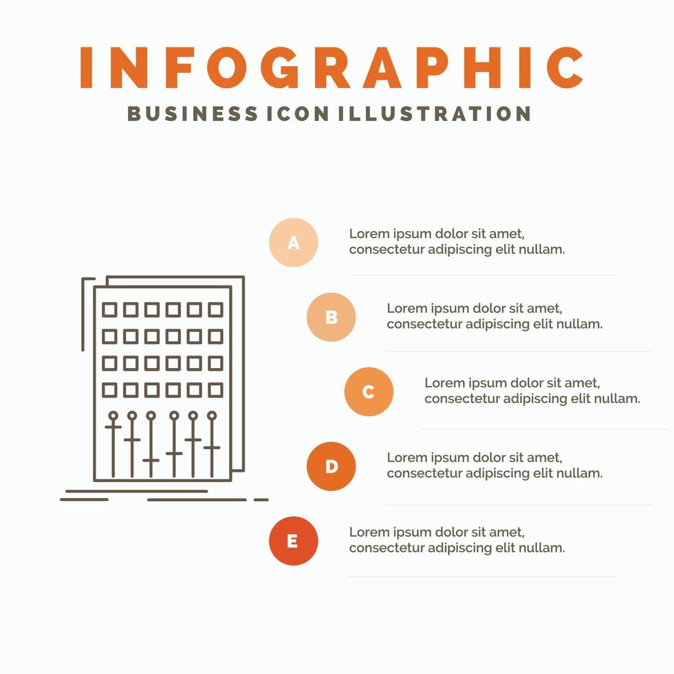 audio. control. mezcla. mezclador. plantilla de infografías de estudio para sitio web y presentación. icono de línea gris con ilustración de vector de estilo infográfico naranja