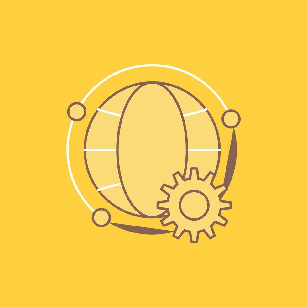 connected, online, world, globe, multiplayer Flat Line Filled Icon. Beautiful Logo button over yellow background for UI and UX, website or mobile application vector