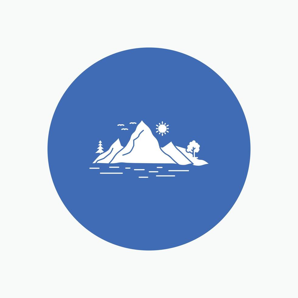 Nature. hill. landscape. mountain. tree White Glyph Icon in Circle. Vector Button illustration