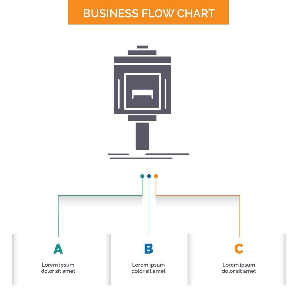 ayudante de cámara. estacionamiento. Servicio. hotel. diseño de diagrama de flujo empresarial del valle con 3 pasos. icono de glifo para el lugar de plantilla de fondo de presentación para texto. vector