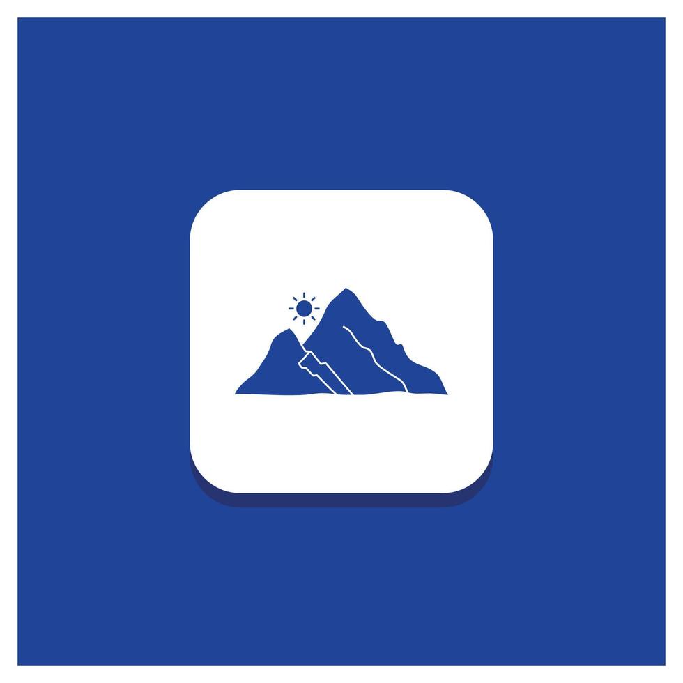 Blue Round Button for mountain. landscape. hill. nature. sun Glyph icon vector