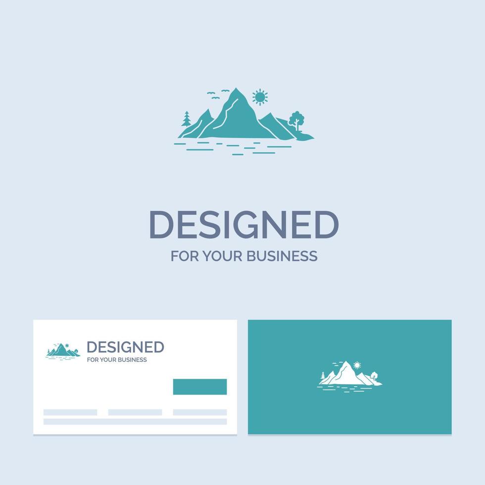 Nature. hill. landscape. mountain. tree Business Logo Glyph Icon Symbol for your business. Turquoise Business Cards with Brand logo template. vector