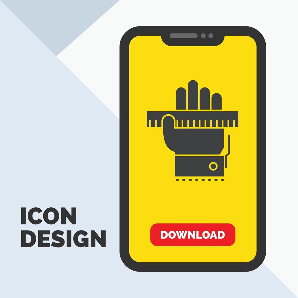 educación. mano. aprender. aprendizaje. icono de glifo de regla en el móvil para la página de descarga. fondo amarillo vector