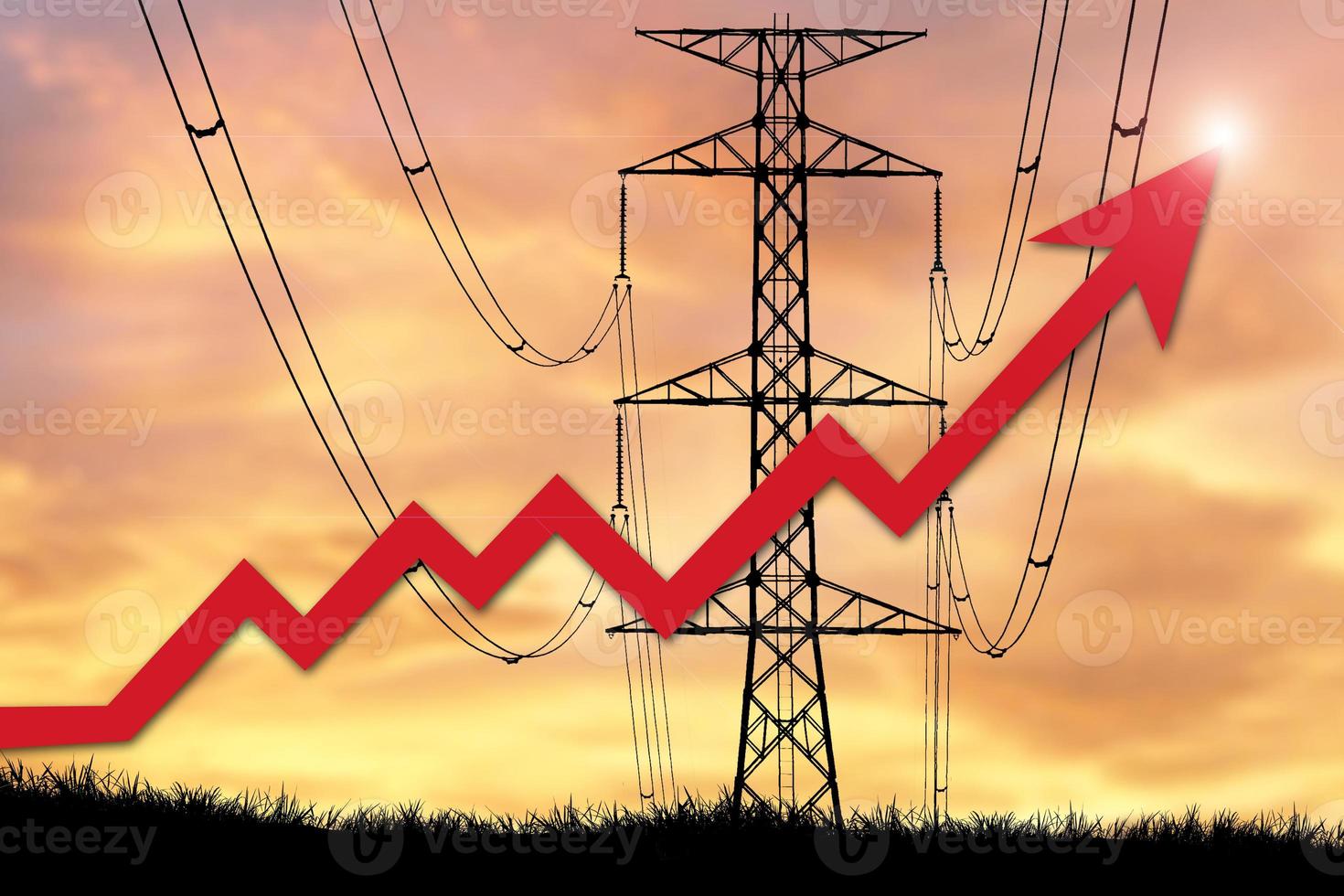 energy crisis concept power shortage and increased energy consumption. Image of a high voltage pole with a red graph rising. photo