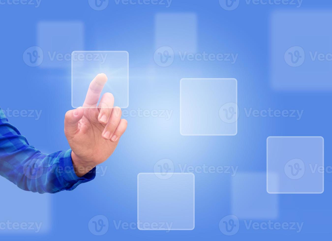 A female hand presses a holographic button photo