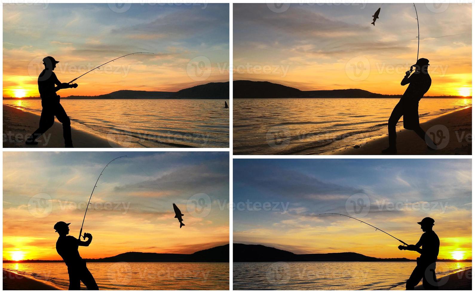 silueta de un hombre pescando al atardecer - foto de conjunto de collage