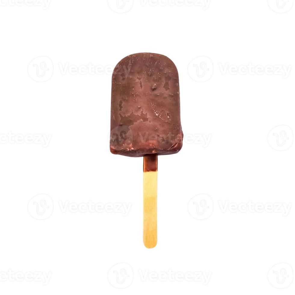 Chocolate ice cream on wooden stick. Tasty popsicle isolated on white background. photo