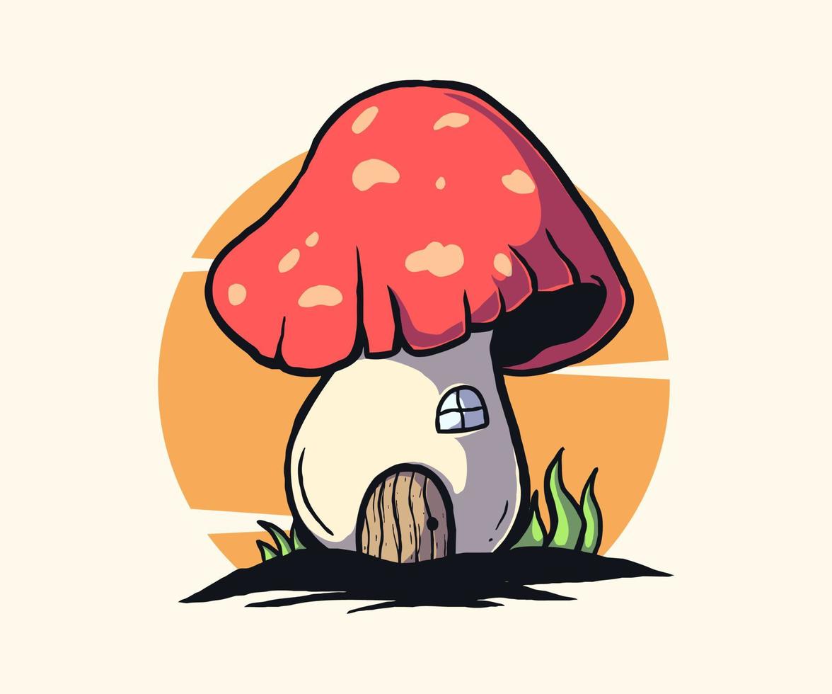mushroom house illustration vector logo design, hand drawn style.
