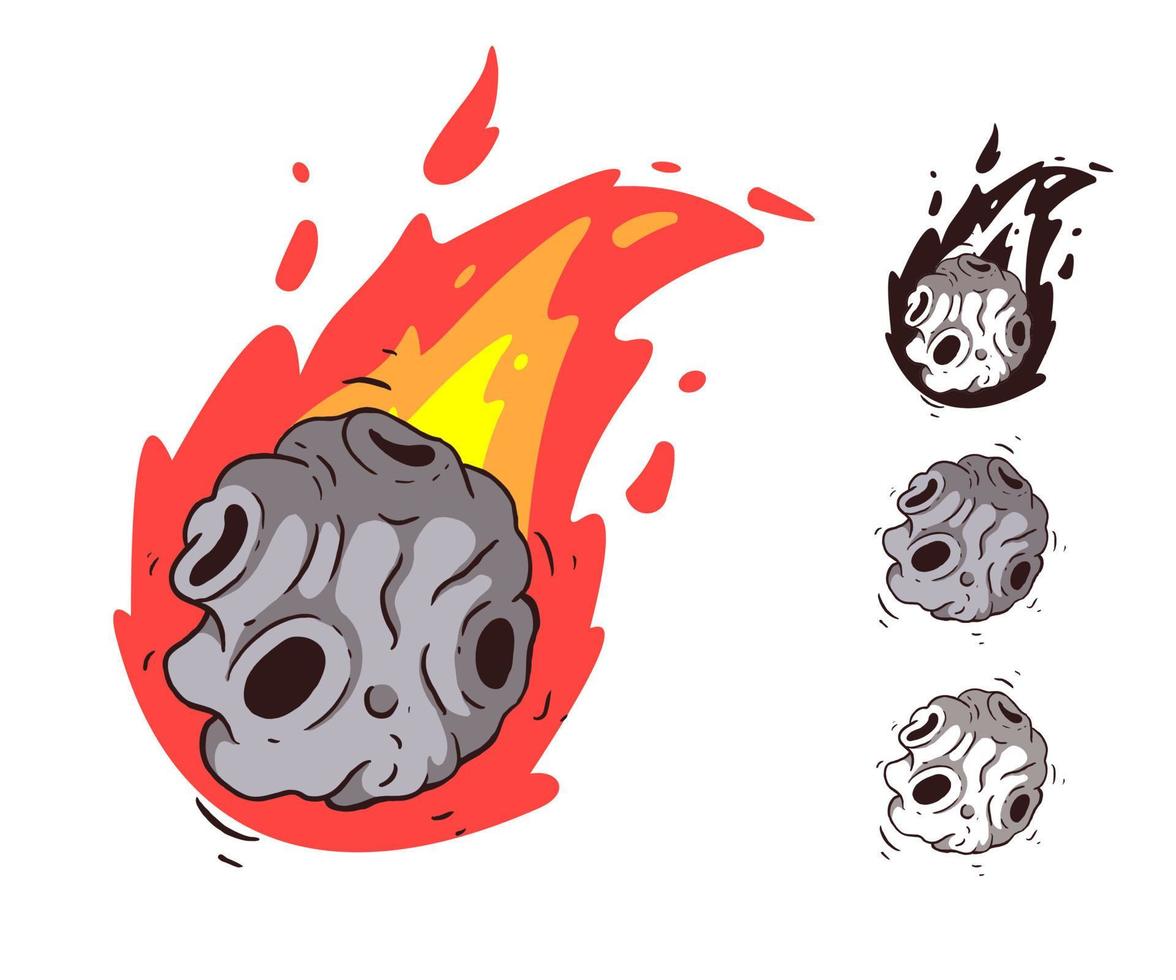 Meteors collection with falling comets. Asteroids. The volcano. Crater in cartoon style. vector