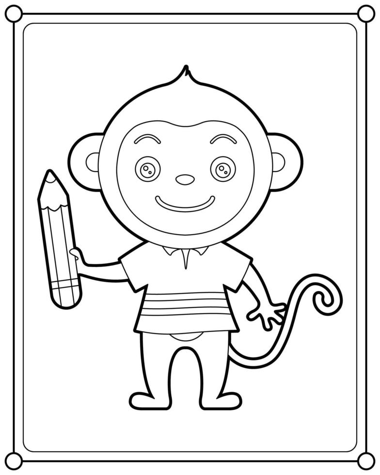 Cute monkey holding pencil suitable for children's coloring page vector illustration