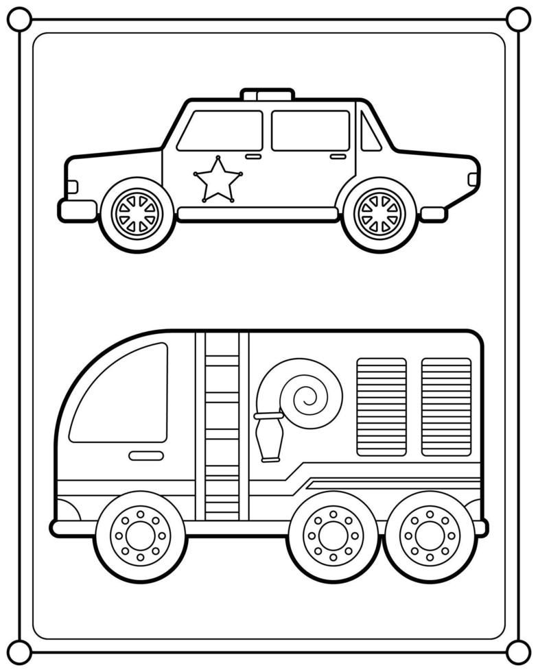 coche de policía y camión de bomberos adecuado para la ilustración de vector de página de color de los niños