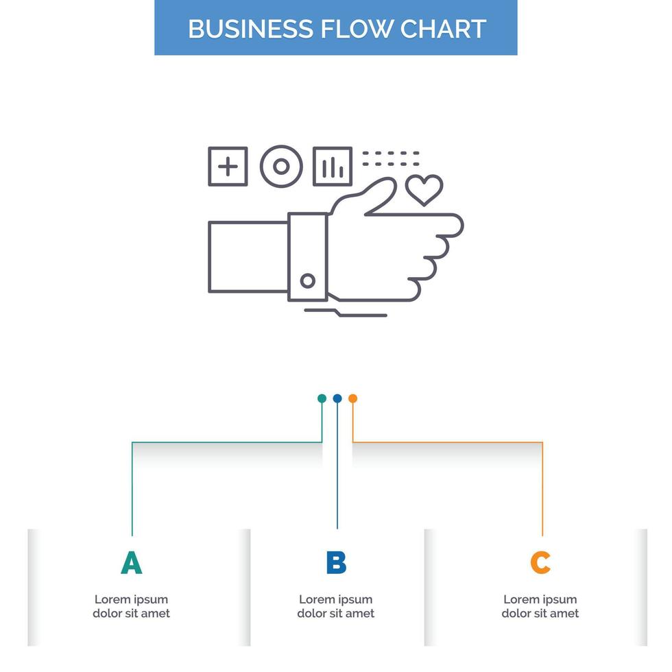 Monitoring. Technology. Fitness. Heart. Pulse Business Flow Chart Design with 3 Steps. Line Icon For Presentation Background Template Place for text vector