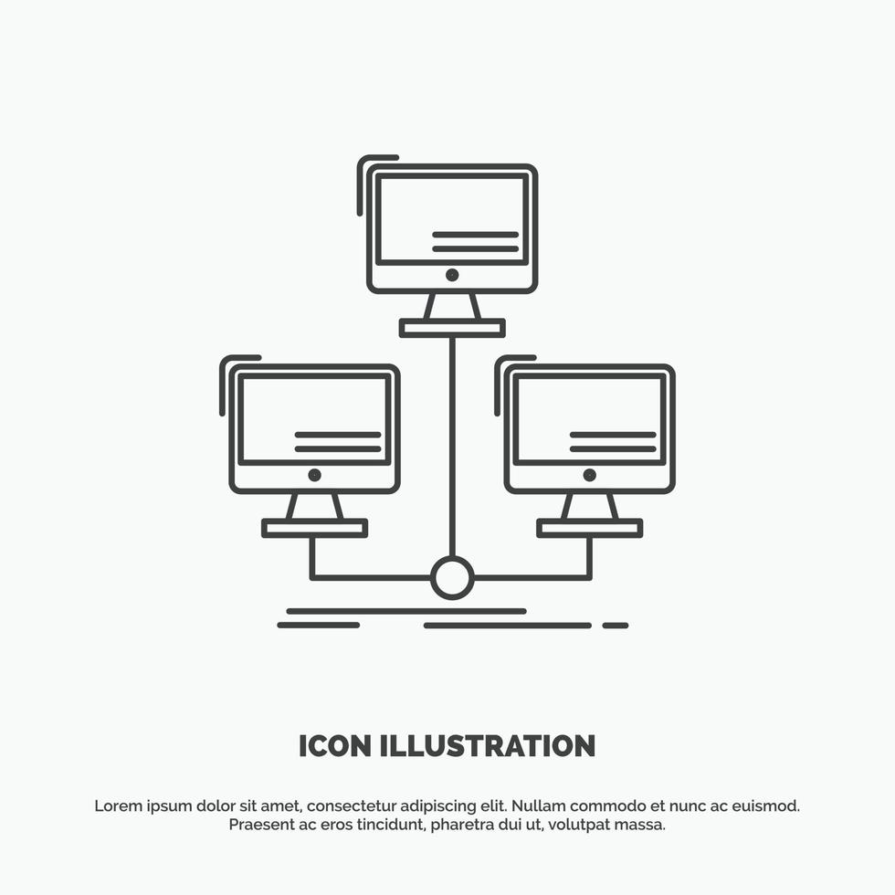 base de datos. repartido. conexión. la red. icono de la computadora símbolo gris vectorial de línea para ui y ux. sitio web o aplicación móvil vector