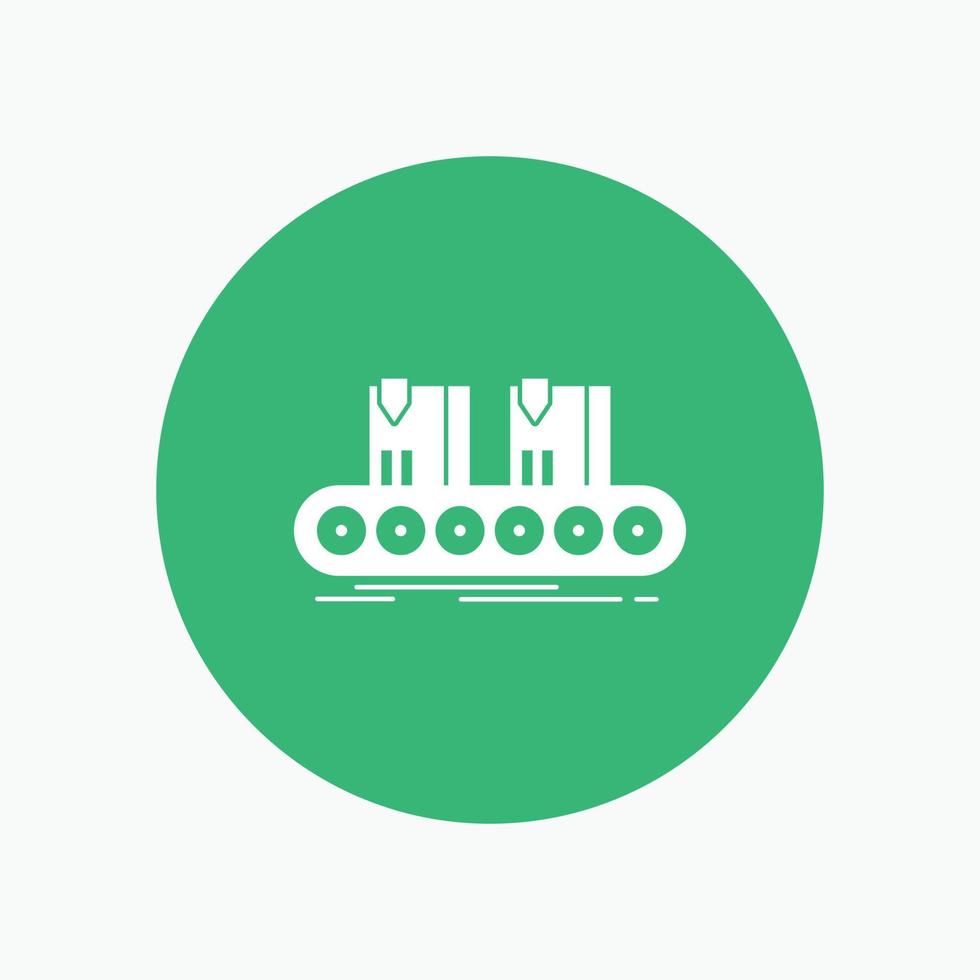 Belt. box. conveyor. factory. line White Glyph Icon in Circle. Vector Button illustration