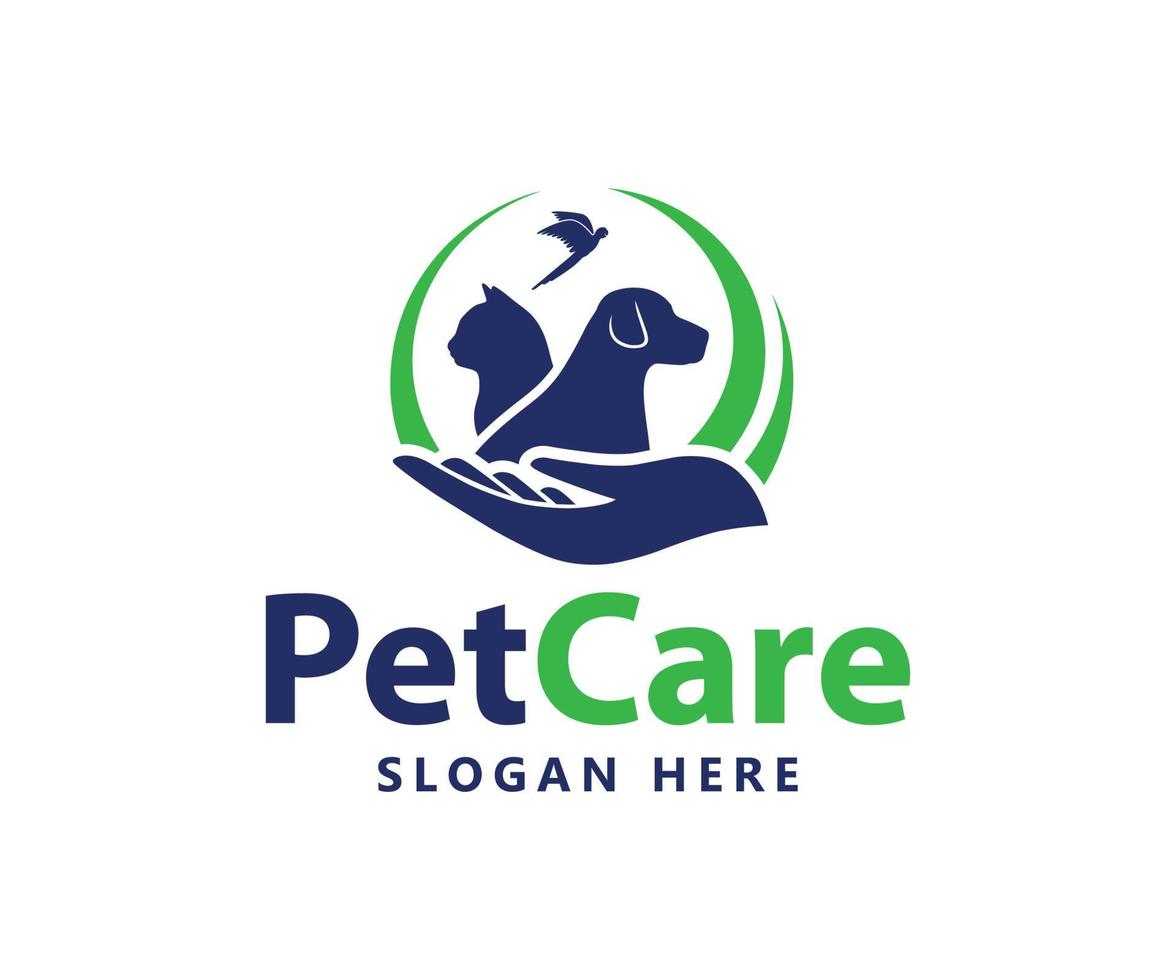Pet care logo with dog, cat, bird, and hand vector template