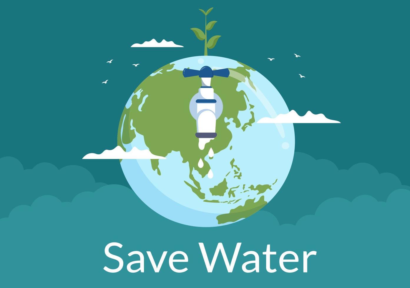 Water Saving Templates Hand Drawn Flat Cartoon Illustration for Mineral Savings Campaign with Faucet and Earth Concept vector