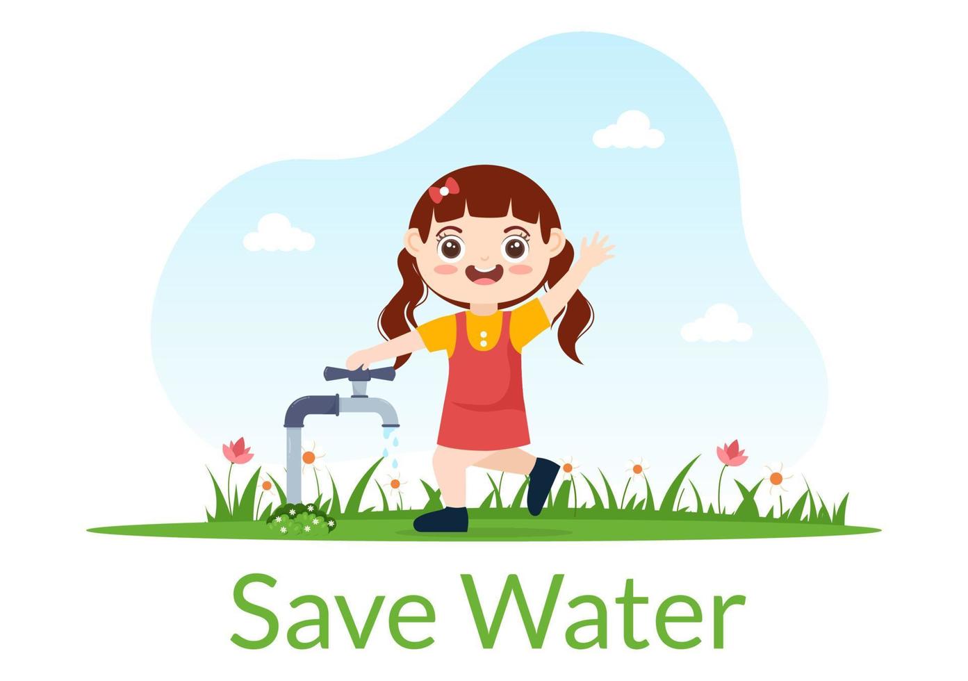 Water Saving Templates Hand Drawn Flat Cartoon Illustration for Mineral Savings Campaign with Faucet and Earth Concept vector