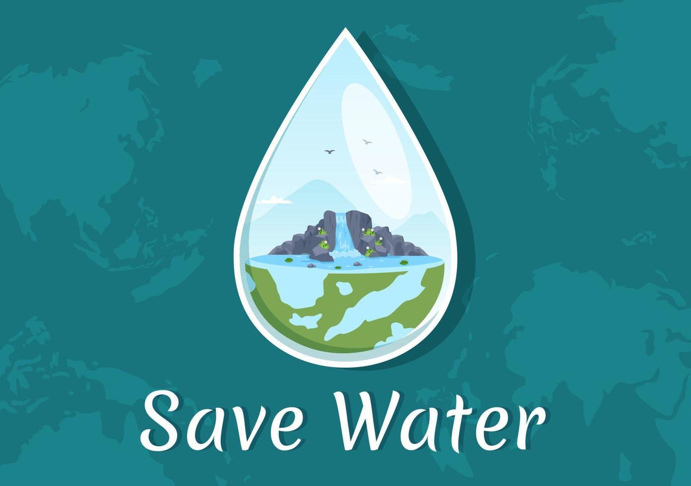 Water Saving Templates Hand Drawn Flat Cartoon Illustration for Mineral Savings Campaign with Faucet and Earth Concept vector