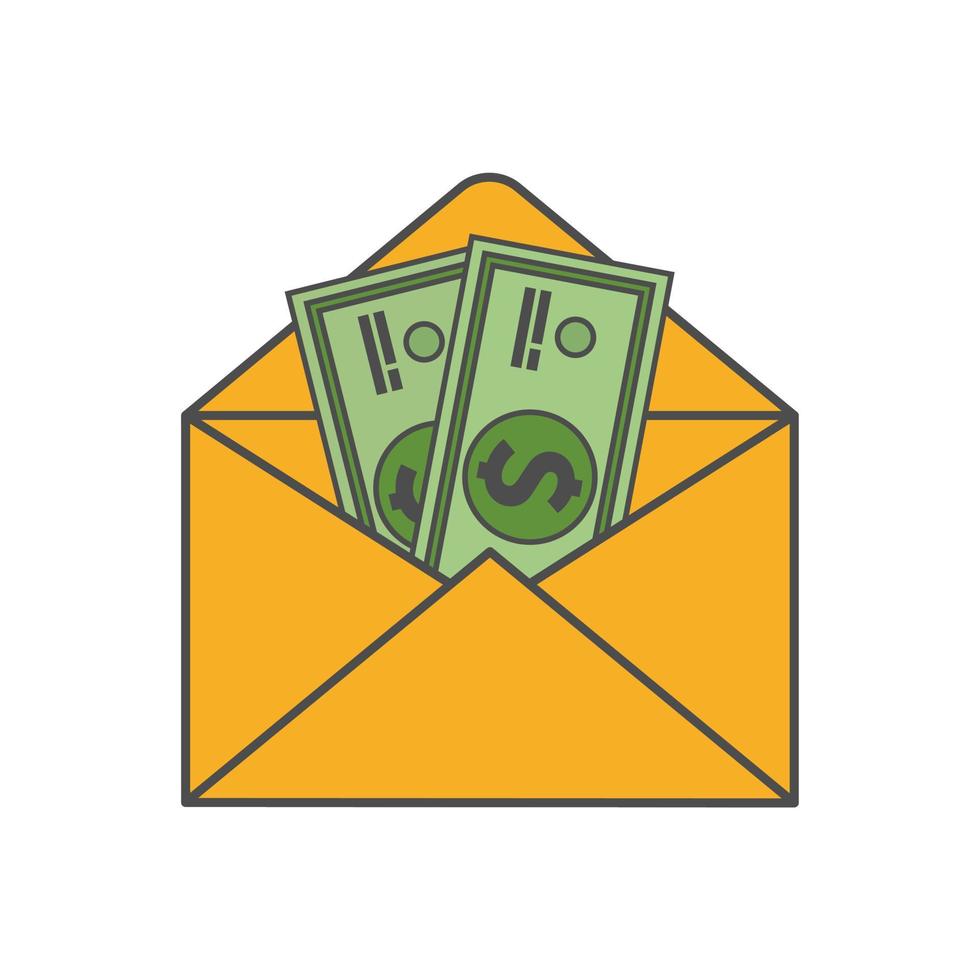 Icon of an open envelope with money. Dollar accounts. Salary, earnings and savings concept. Flat style illustration vector
