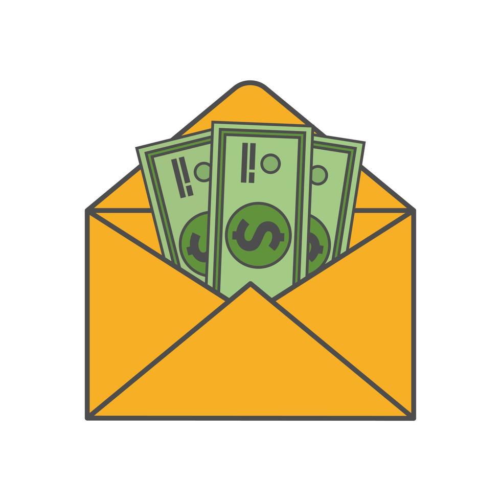 Icon of an open envelope with money. Dollar accounts. Salary, earnings and savings concept. Flat style illustration vector