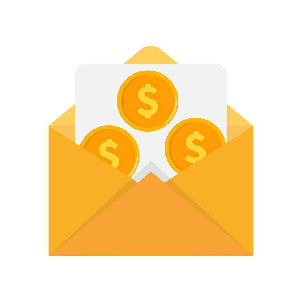 Icon of an open envelope with money. Dollar accounts. Salary, earnings and savings concept. Flat style illustration vector