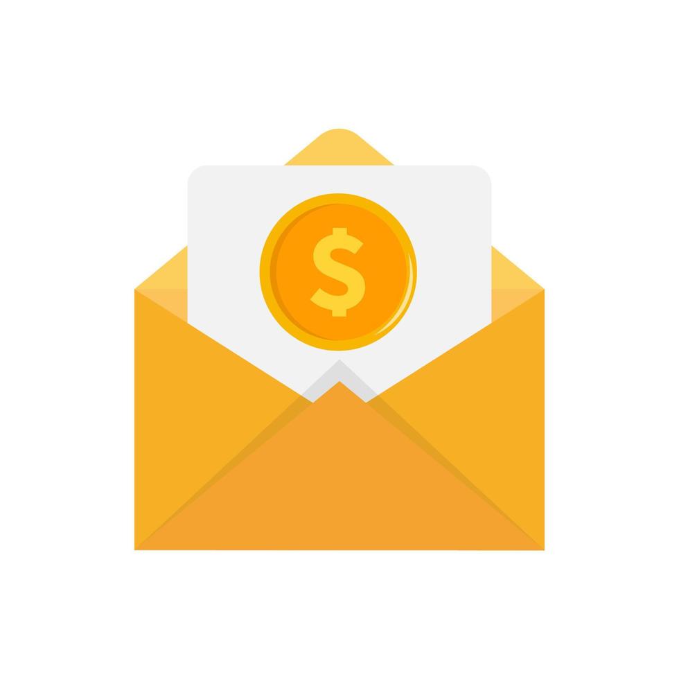 Icon of an open envelope with money. Dollar accounts. Salary, earnings and savings concept. Flat style illustration vector