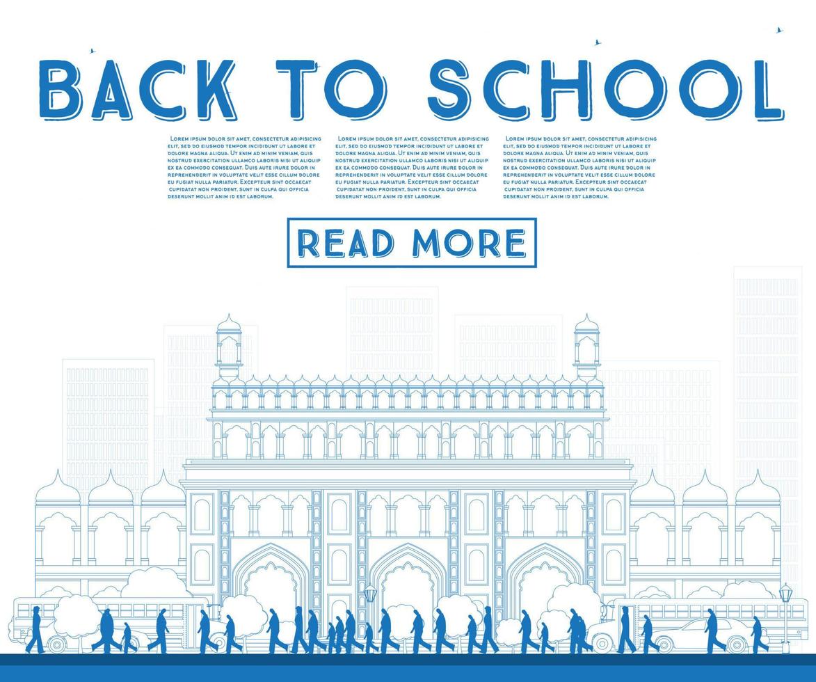 Outline Back to School. Banner with School Bus, Building and Students. vector