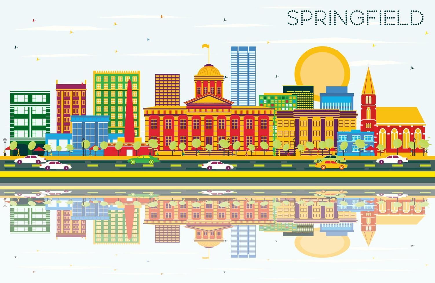 Springfield Skyline with Color Buildings, Blue Sky and Reflections. vector