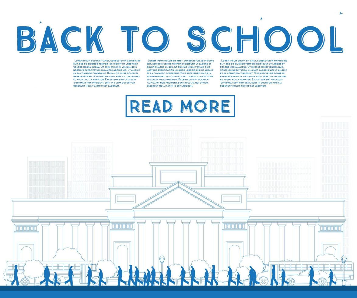 Outline Back to School. Banner with School Bus, Building and Students. vector