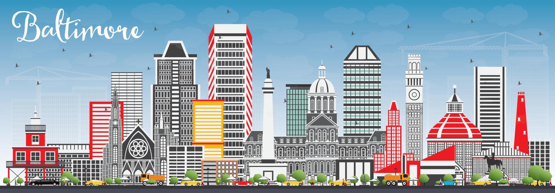 Baltimore Skyline with Gray Buildings and Blue Sky. vector