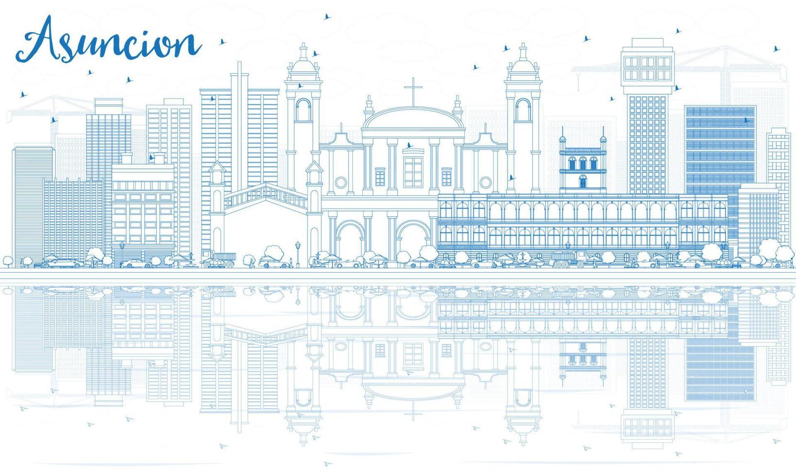 Outline Asuncion Skyline with Blue Buildings and Reflections. vector