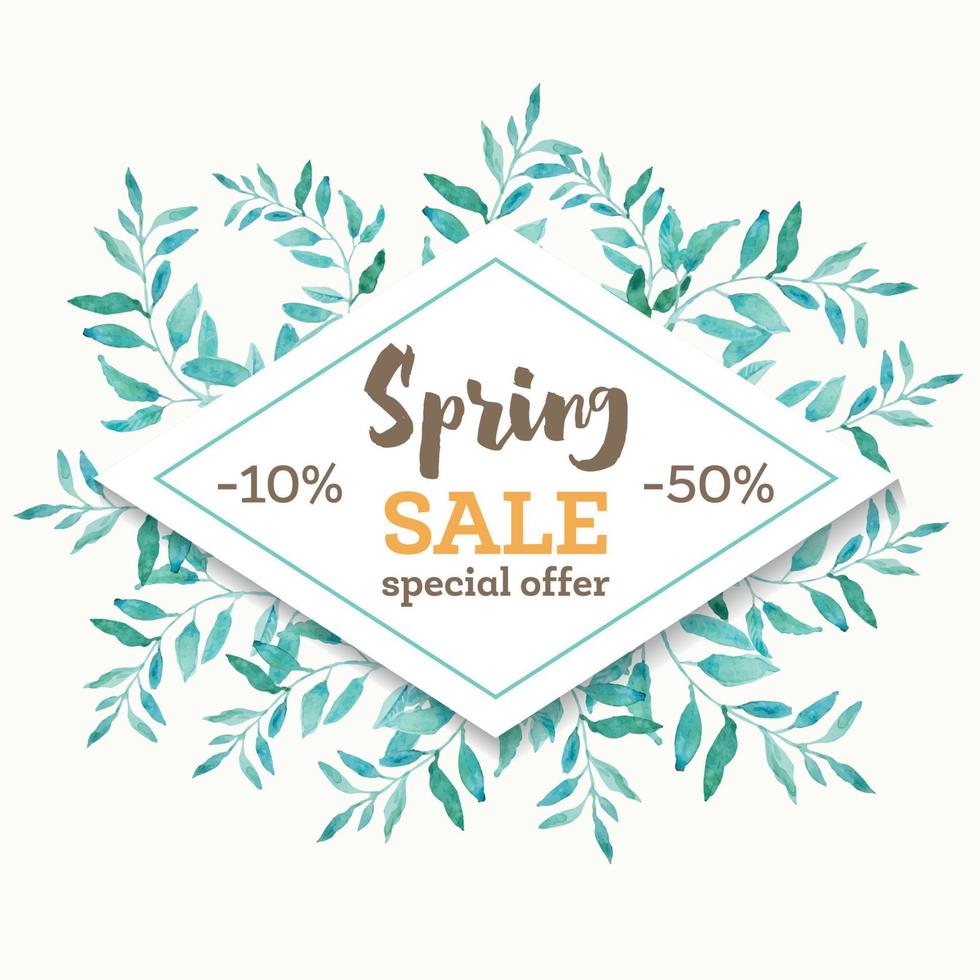 Spring sale background banner with beautiful watercolor leaves. vector