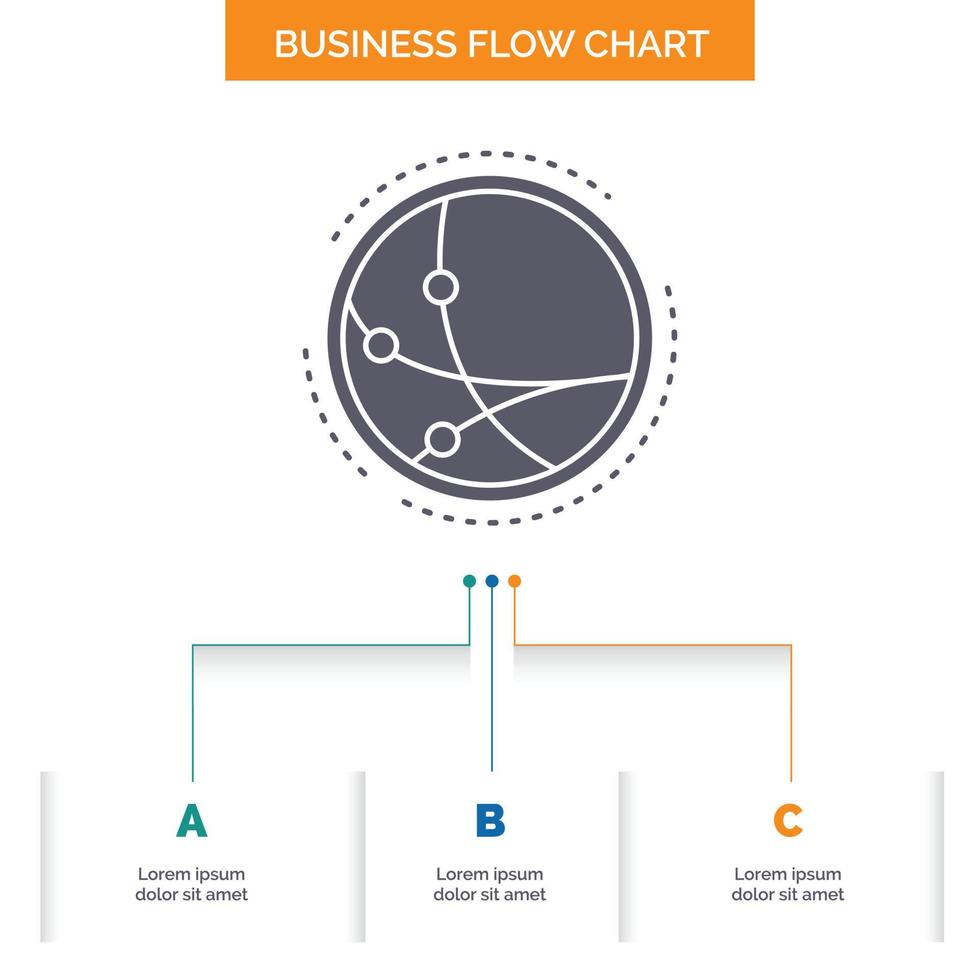 en todo el mundo. comunicación. conexión. Internet. diseño de diagrama de flujo de negocios de red con 3 pasos. icono de glifo para el lugar de plantilla de fondo de presentación para texto. vector