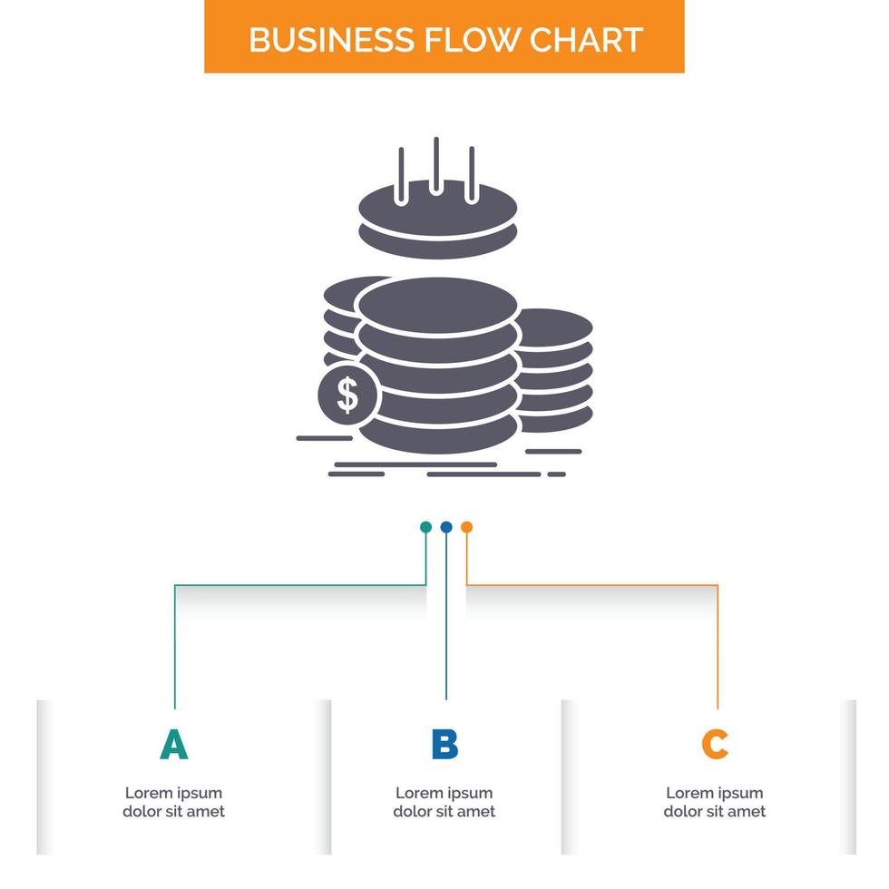 monedas Finanzas. oro. ingreso. diseño de diagrama de flujo de negocios de ahorro con 3 pasos. icono de glifo para el lugar de plantilla de fondo de presentación para texto. vector