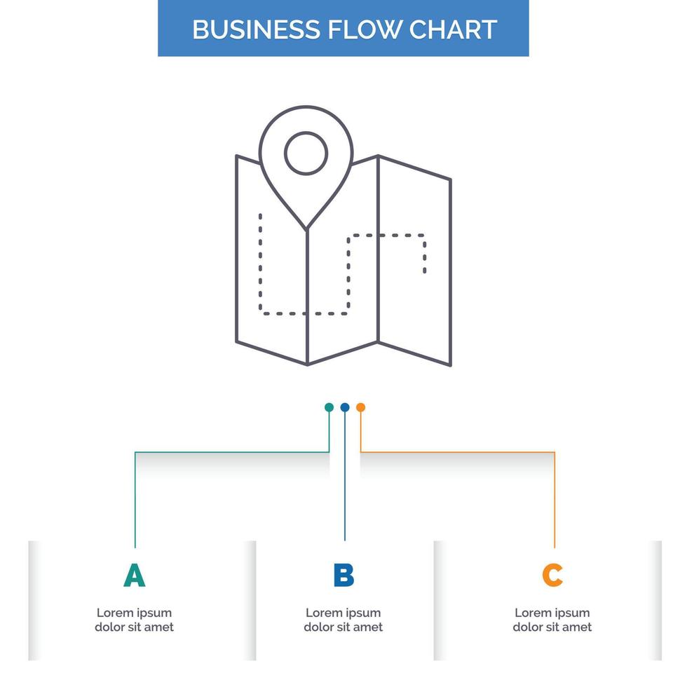 mapa. cámping. plan. pista. diseño de diagrama de flujo de negocios de ubicación con 3 pasos. icono de línea para el lugar de plantilla de fondo de presentación para texto vector