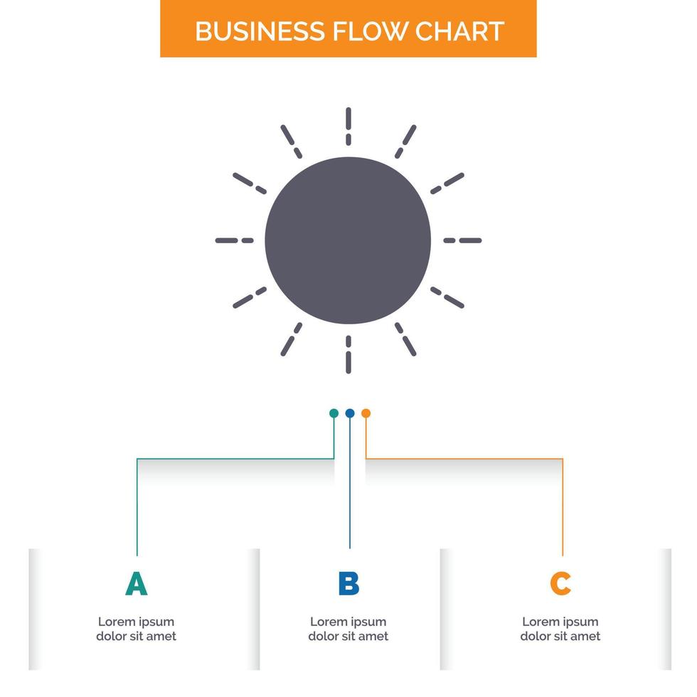 sol. clima. puesta de sol. amanecer. diseño de diagrama de flujo de negocios de verano con 3 pasos. icono de glifo para el lugar de plantilla de fondo de presentación para texto. vector