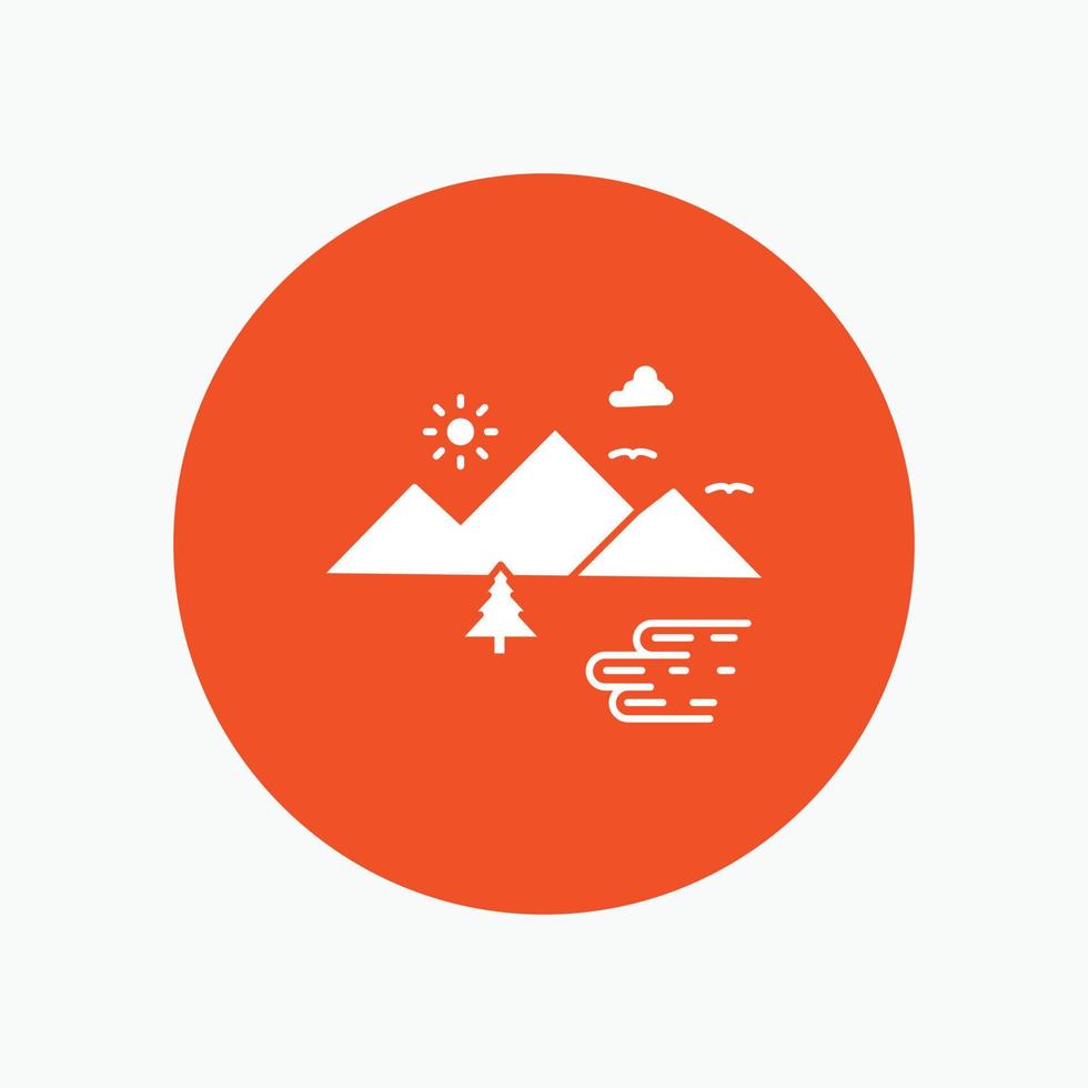 Mountains. Nature. Outdoor. Clouds. Sun White Glyph Icon in Circle. Vector Button illustration