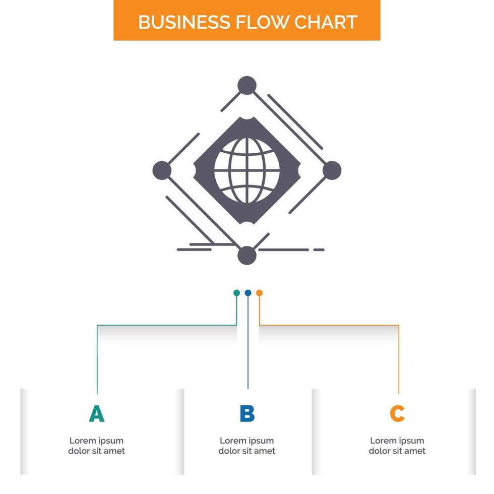 Complex. global. internet. net. web Business Flow Chart Design with 3 Steps. Glyph Icon For Presentation Background Template Place for text. vector