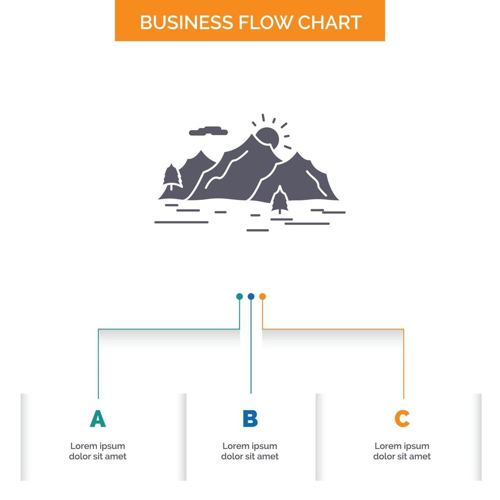 Mountain. hill. landscape. nature. tree Business Flow Chart Design with 3 Steps. Glyph Icon For Presentation Background Template Place for text. vector