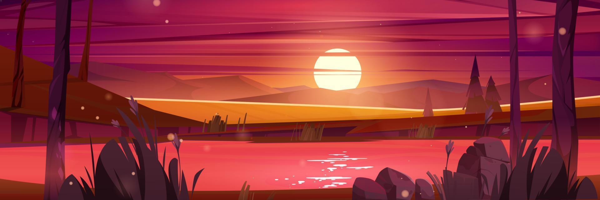 paisaje de naturaleza al atardecer, fondo de verano de dibujos animados vector