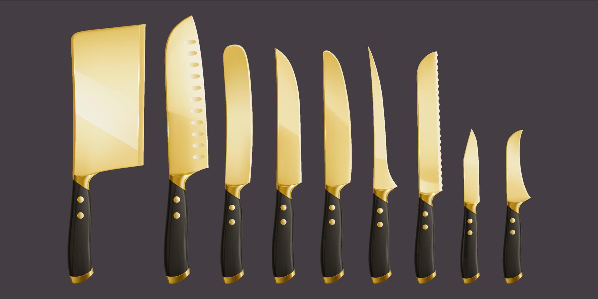 Kitchen knives, chef cutlery with golden blades vector