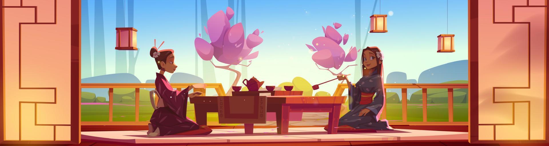Tea ceremony on wooden terrace, japanese women vector